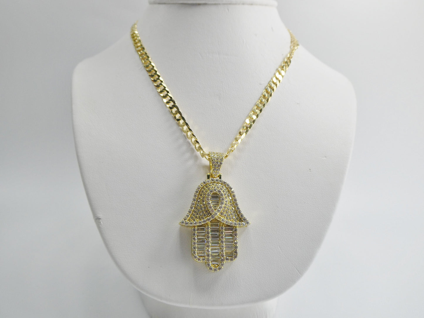 14k Gold Tone Hamsa Evil Eye Pendant: Sterling Silver Cuban Chain