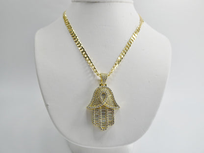 14k Gold Tone Hamsa Evil Eye Pendant: Sterling Silver Cuban Chain