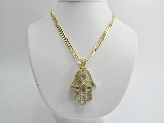 14k Gold Tone Hamsa Evil Eye Pendant: Sterling Silver Cuban Chain