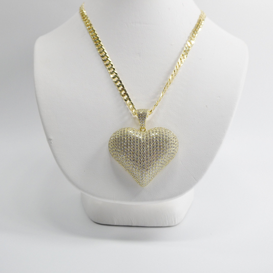 Gold Tone Heart Pendant Necklace: Sterling Silver Cuban Chain
