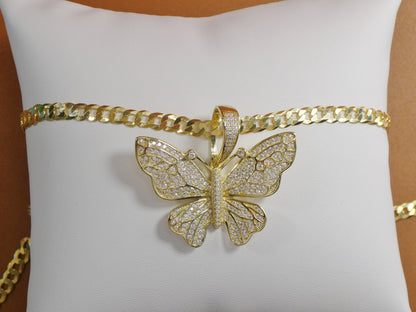 14k Gold Tone Butterfly Pendant: Sterling Silver Cuban Chain