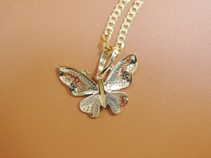 14k Gold Tone Butterfly Pendant: Sterling Silver Cuban Chain