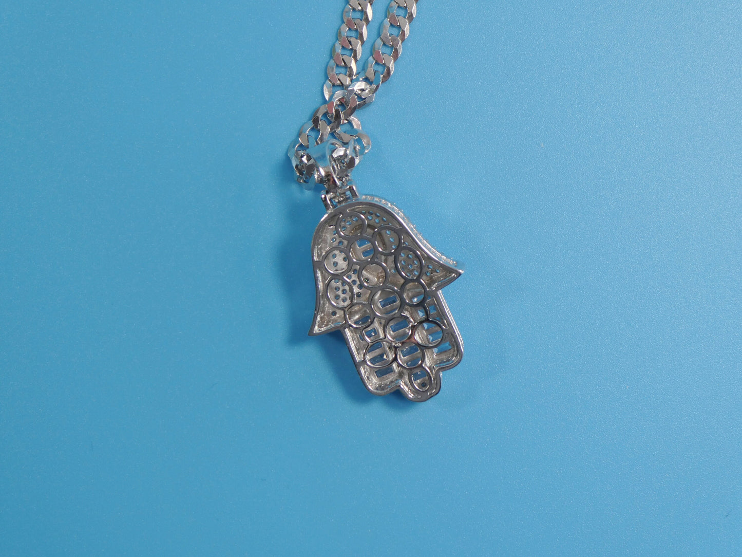 Sterling Silver Hamsa Necklace: 14k White Gold Tone Evil Eye Pendant