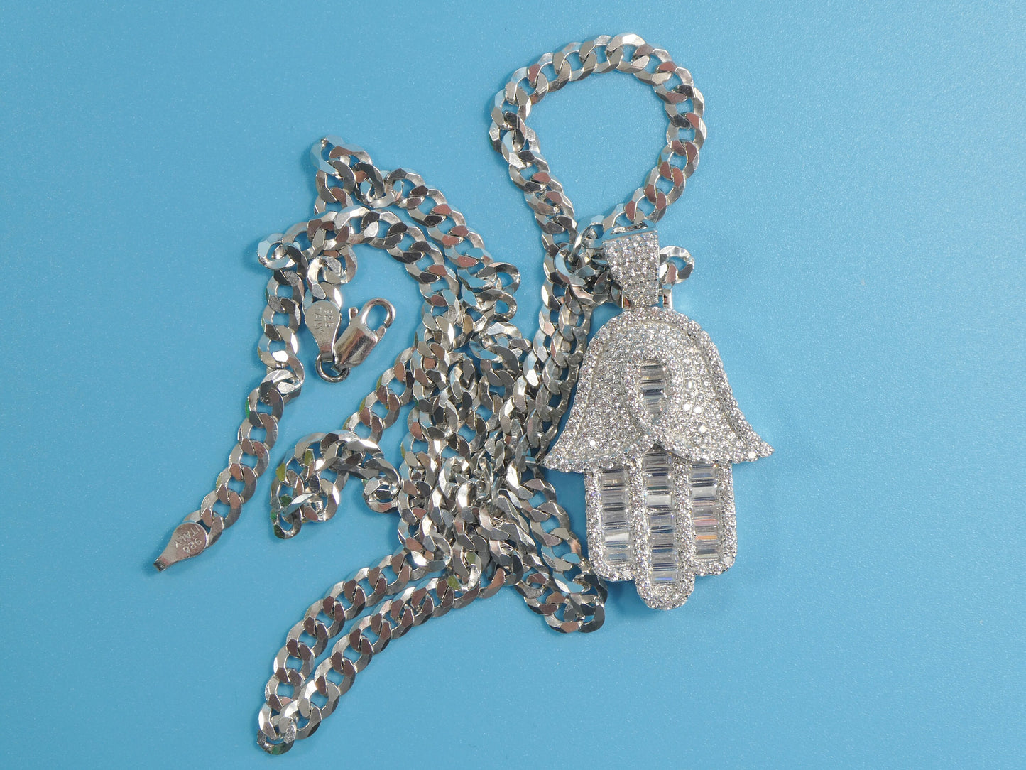 Sterling Silver Hamsa Necklace: 14k White Gold Tone Evil Eye Pendant