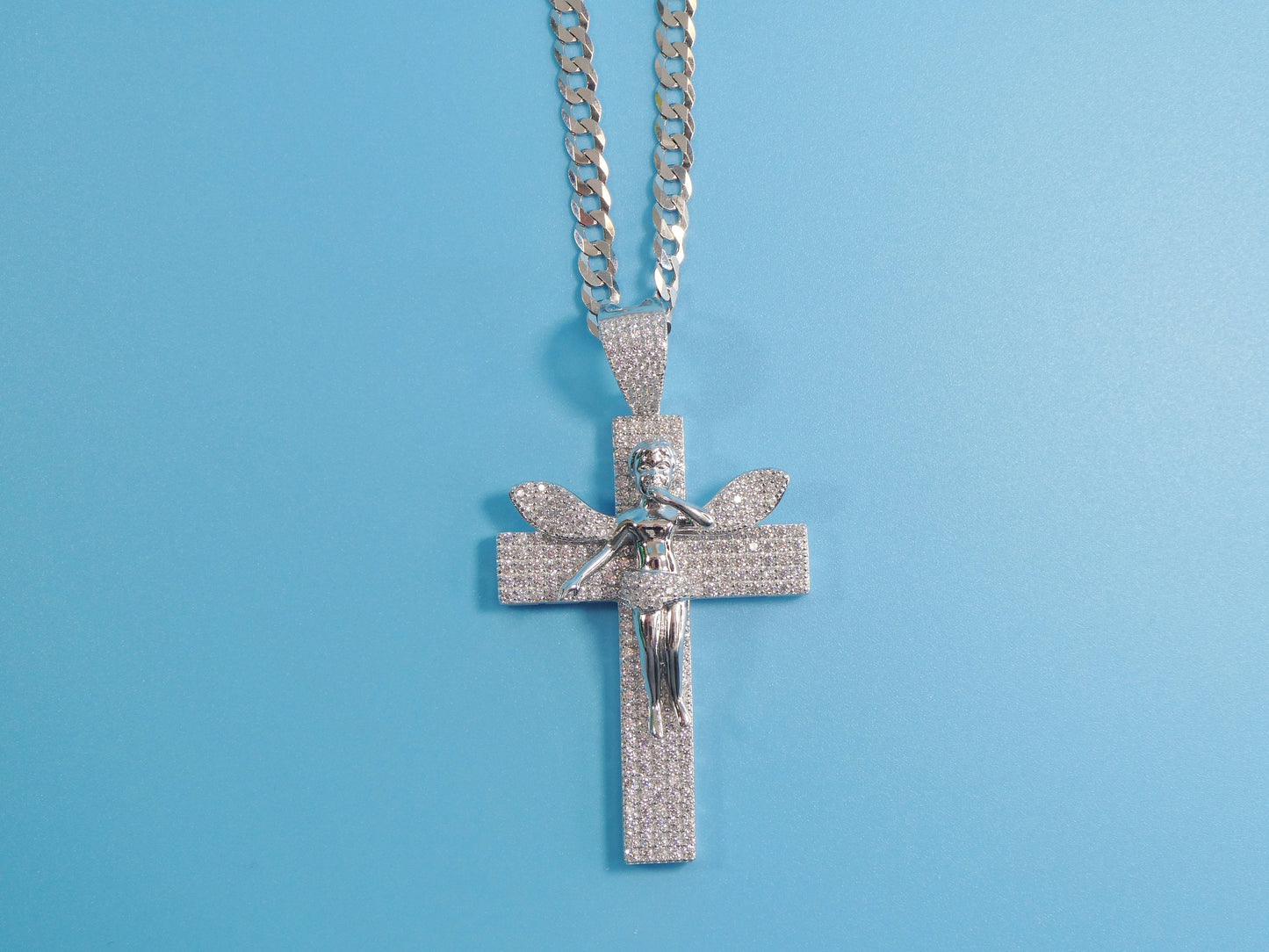 Sterling Silver Angel Cross Pendant: 14k White Gold Tone Cuban Chain