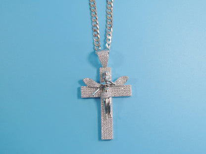 Sterling Silver Angel Cross Pendant: 14k White Gold Tone Cuban Chain