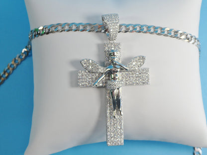 Sterling Silver Angel Cross Pendant: 14k White Gold Tone Cuban Chain