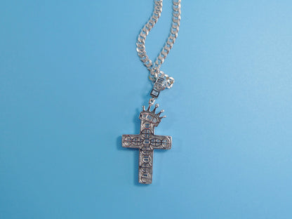 Sterling Silver Crown Cross Pendant: 14k White Gold Tone Cuban Chain