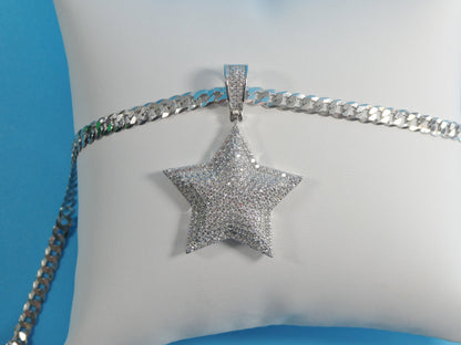 Sterling Silver Star Pendant: 14k White Gold Tone Cuban Chain