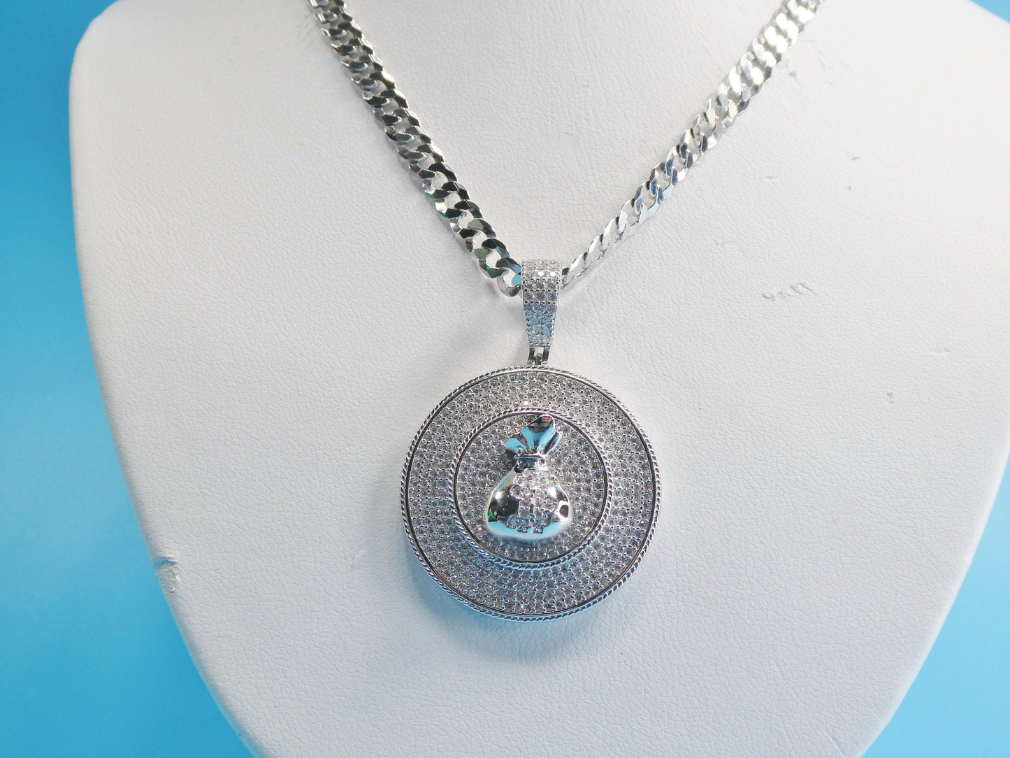 Sterling Silver Money Sign Pendant: 14k White Gold Tone Cuban Chain