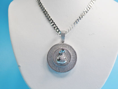 Sterling Silver Money Sign Pendant: 14k White Gold Tone Cuban Chain