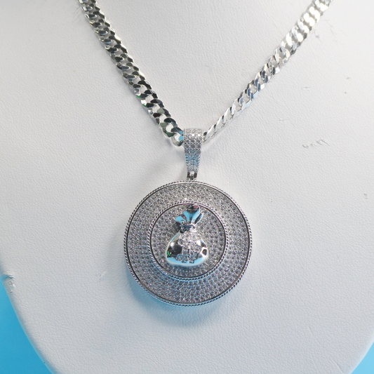 Sterling Silver Money Sign Pendant: 14k White Gold Tone Cuban Chain