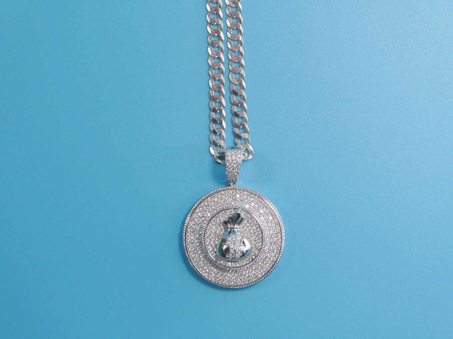 Sterling Silver Money Sign Pendant: 14k White Gold Tone Cuban Chain