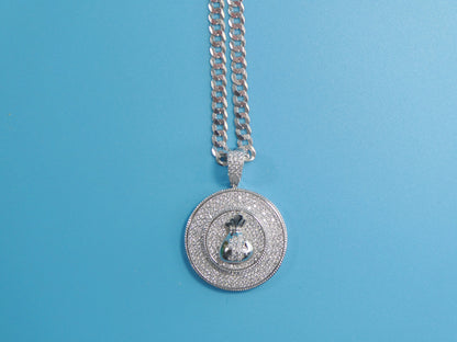 Sterling Silver Money Sign Pendant: 14k White Gold Tone Cuban Chain