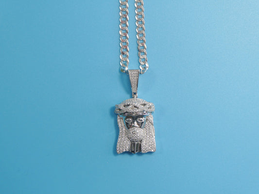 Sterling Silver Jesus Face Pendant - 14k White Gold Tone Cuban Chain