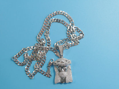 Sterling Silver Jesus Face Pendant - 14k White Gold Tone Cuban Chain