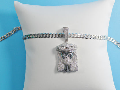 Sterling Silver Jesus Face Pendant - 14k White Gold Tone Cuban Chain