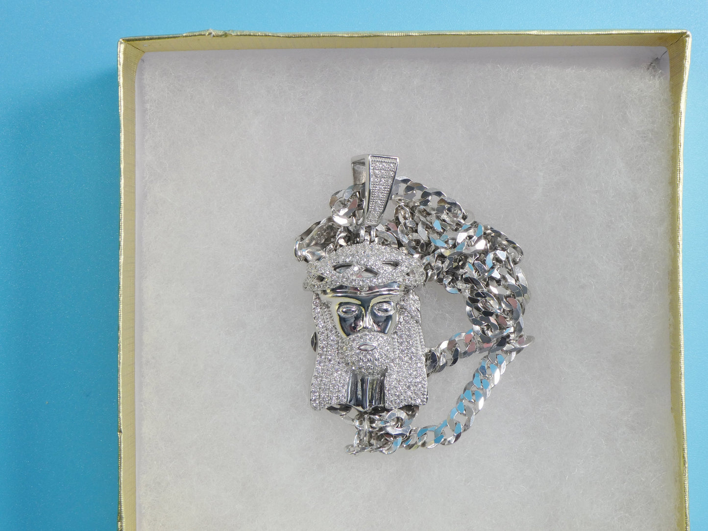 Sterling Silver Jesus Face Pendant - 14k White Gold Tone Cuban Chain
