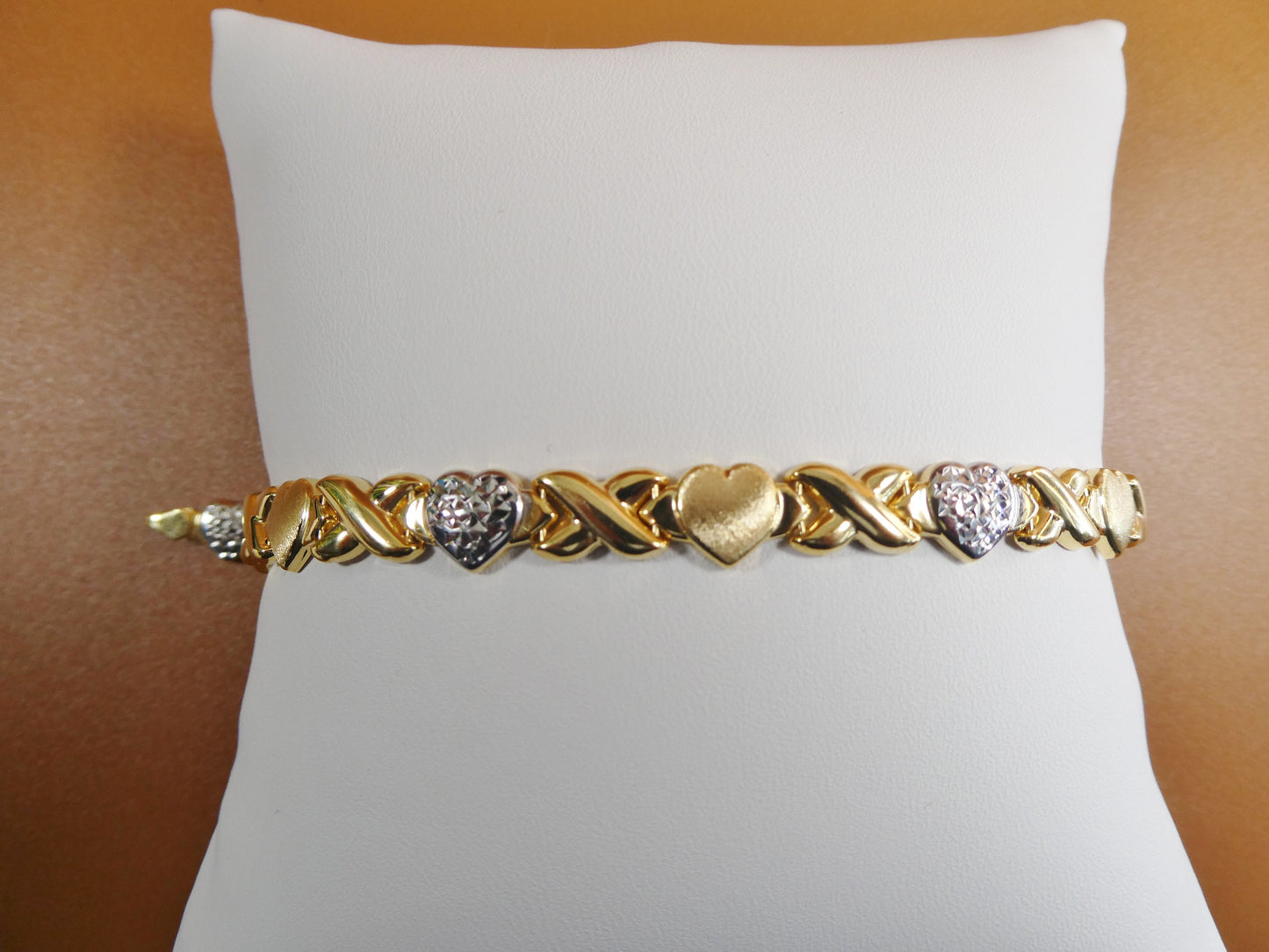 Sterling Silver XOXO Heart Bracelet: 14k Gold Finish