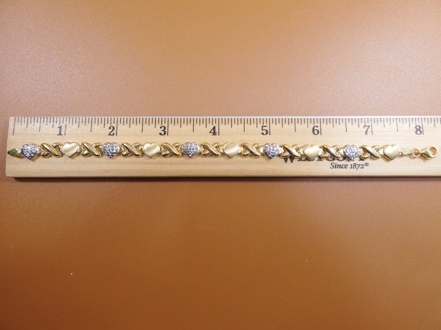 Sterling Silver XOXO Heart Bracelet: 14k Gold Finish