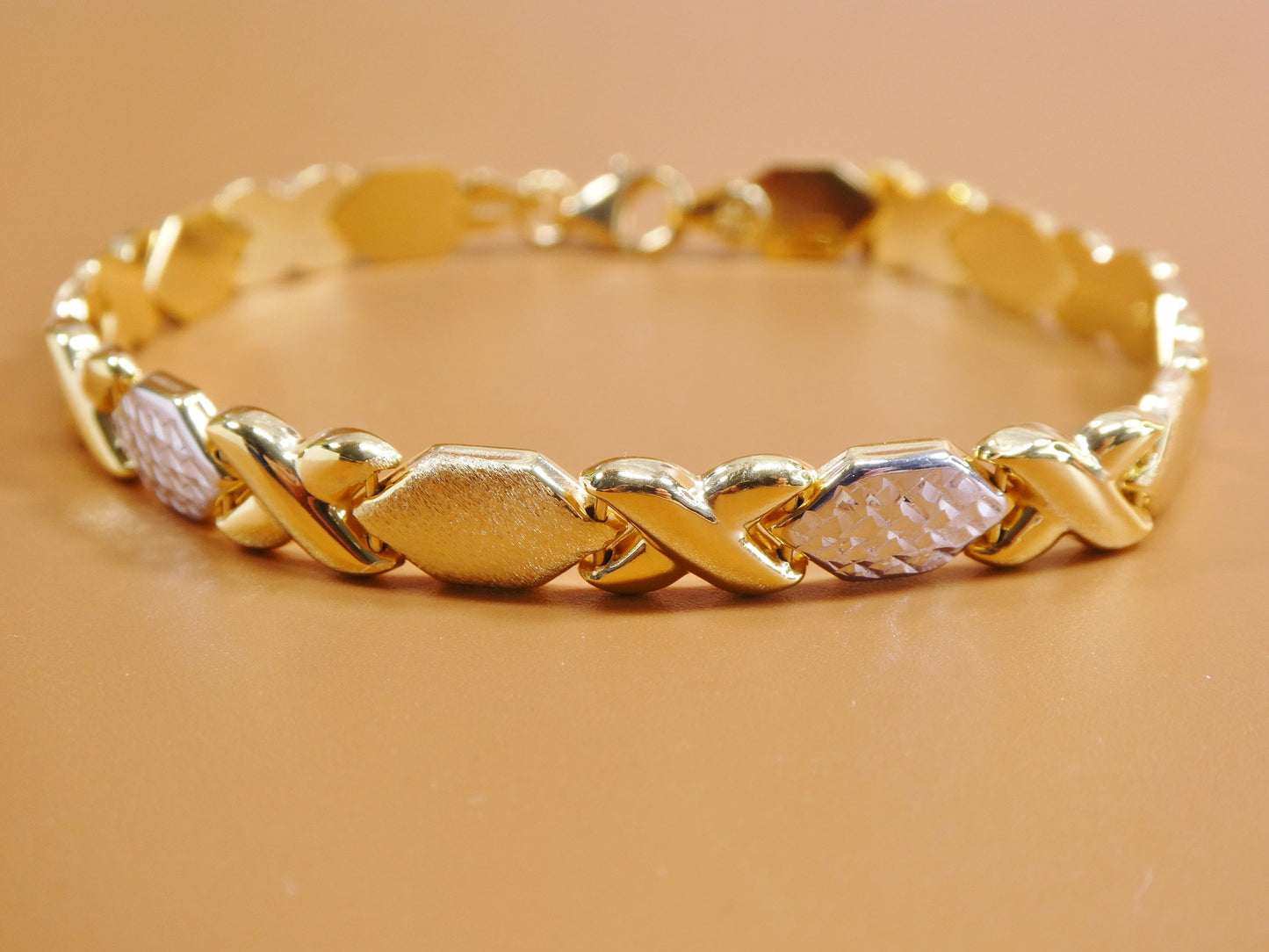 Two Tone XOXO Bracelet: 14k Yellow Gold Finish, Sterling Silver, 8 Inch