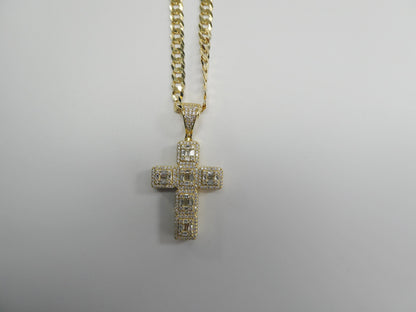 14k Gold Tone Sterling Silver Cross Pendant - 24 Inch Chain