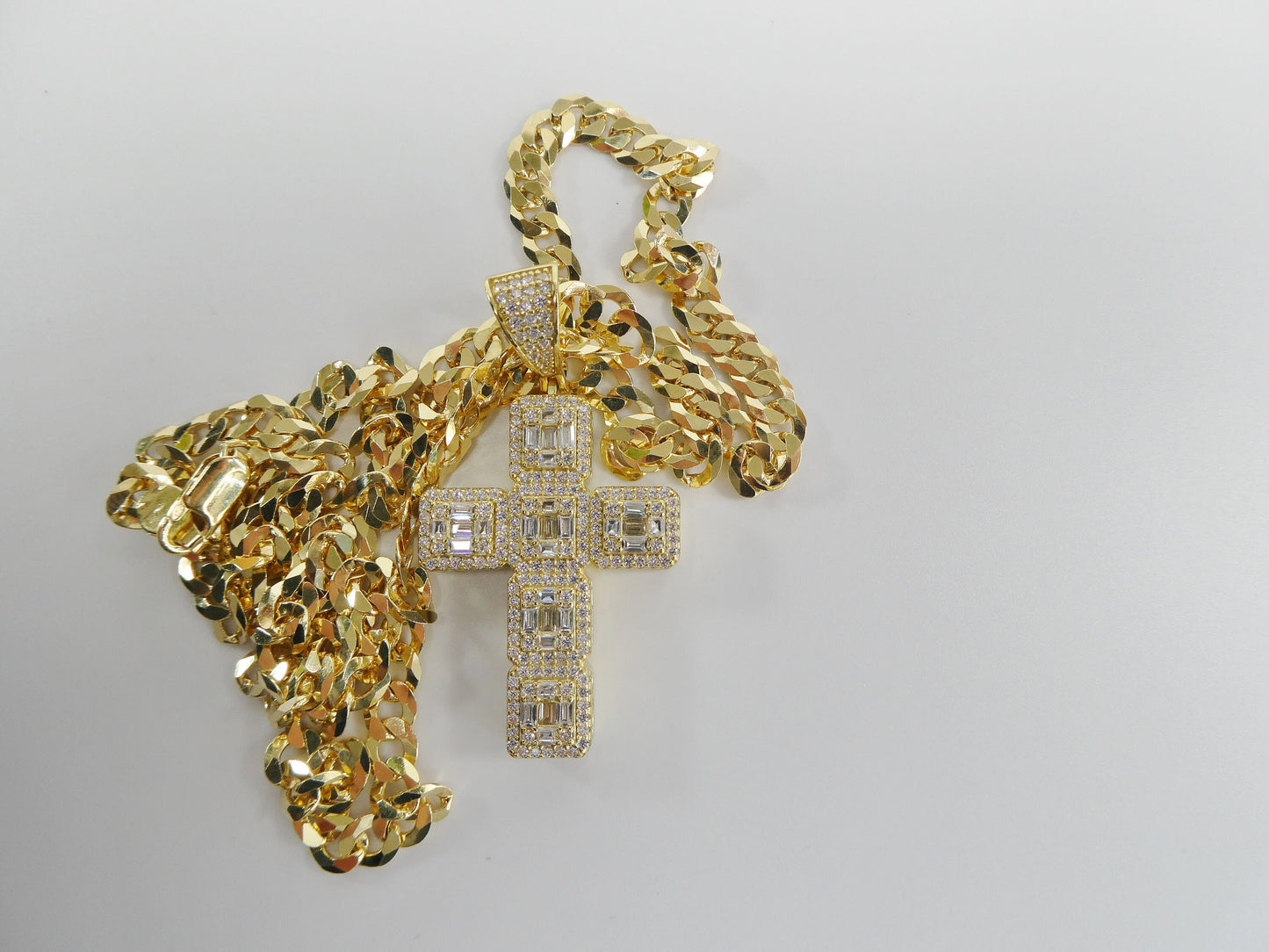 14k Gold Tone Sterling Silver Cross Pendant - 24 Inch Chain