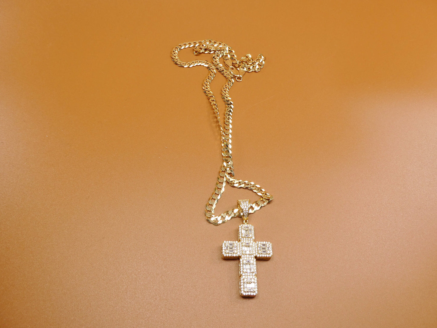 14k Gold Tone Sterling Silver Cross Pendant - 24 Inch Chain