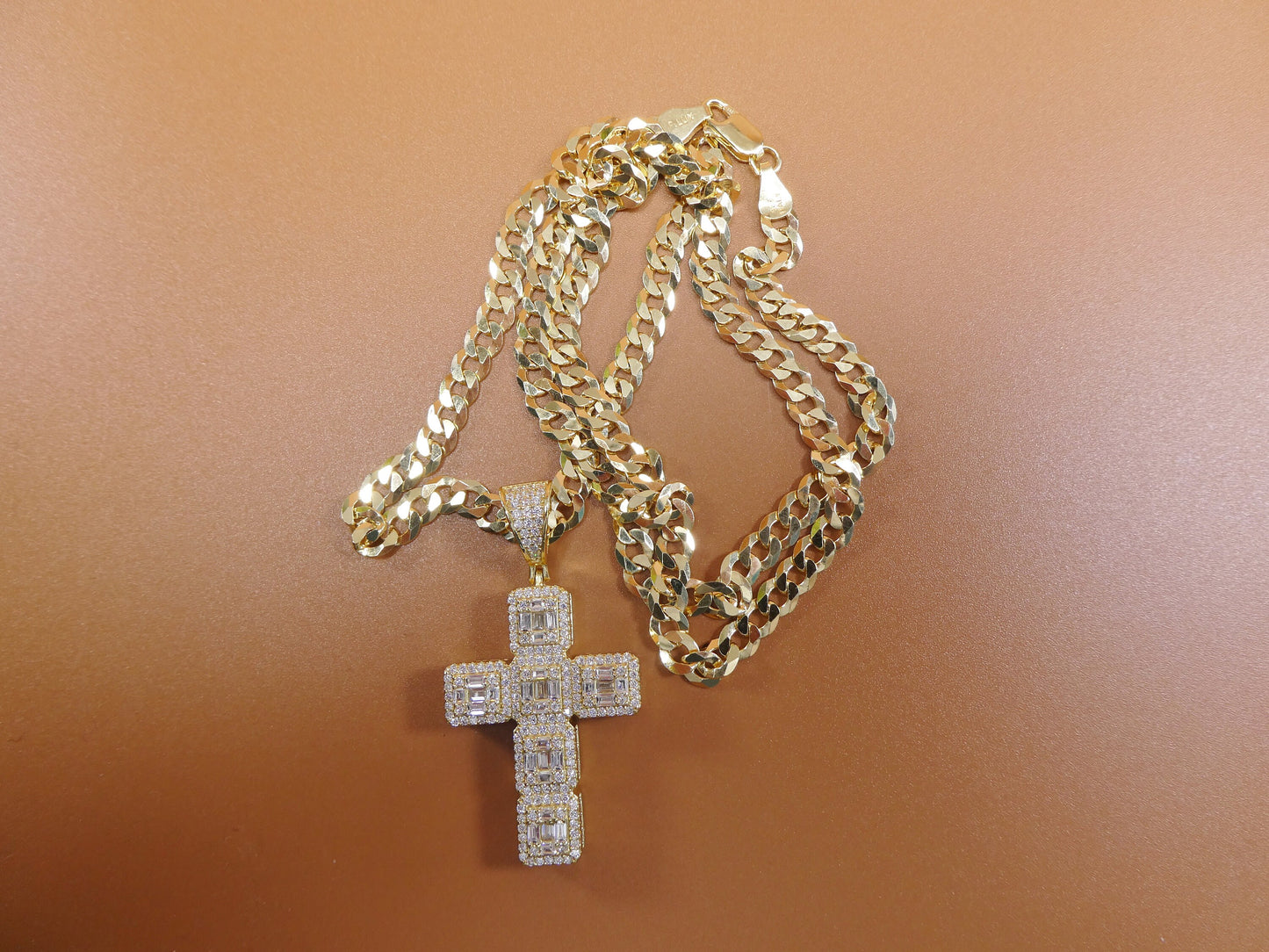 14k Gold Tone Sterling Silver Cross Pendant - 24 Inch Chain