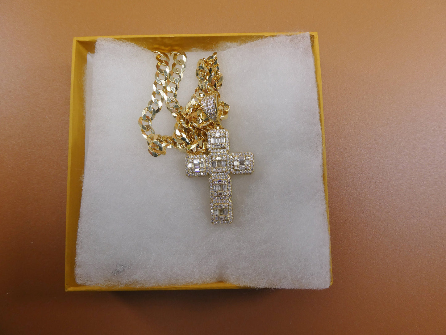 14k Gold Tone Sterling Silver Cross Pendant - 24 Inch Chain