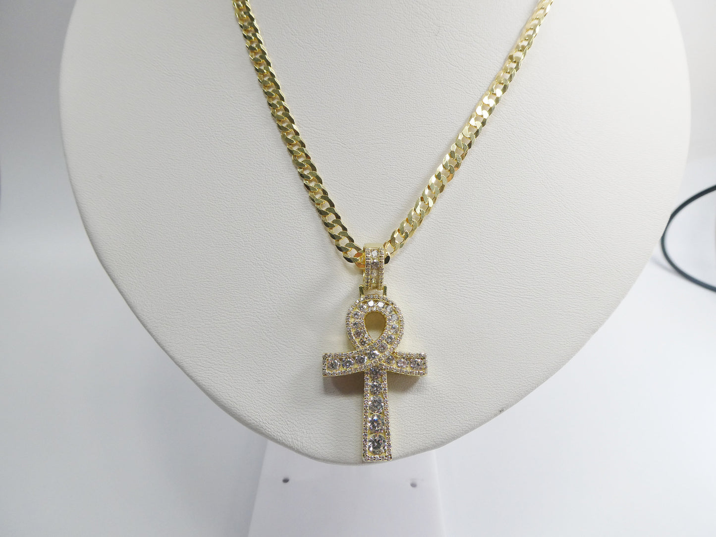 Gold Tone Ankh Cross Pendant: Sterling Silver Cuban Chain