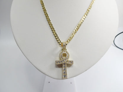 Gold Tone Ankh Cross Pendant: Sterling Silver Cuban Chain