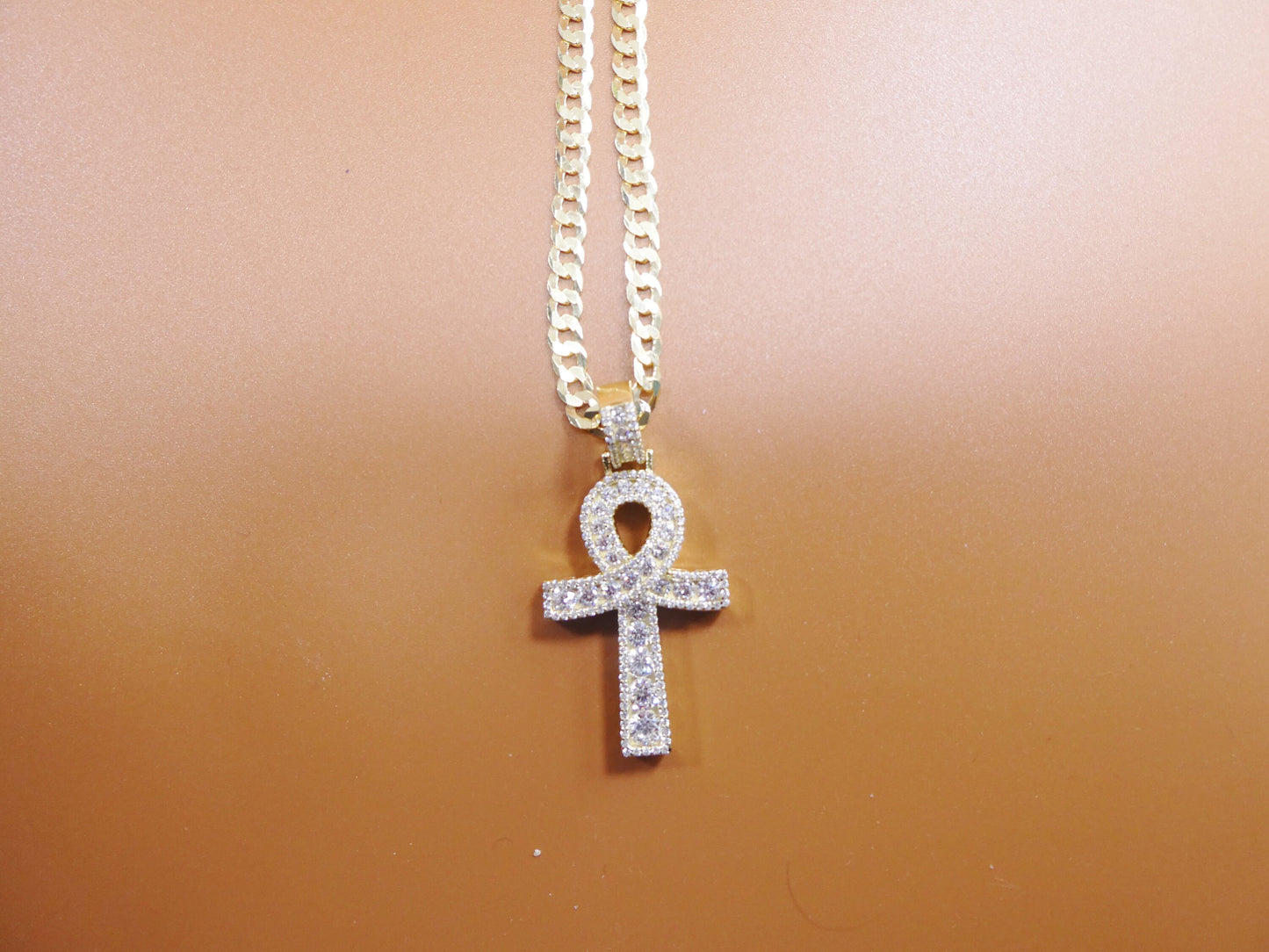 Gold Tone Ankh Cross Pendant: Sterling Silver Cuban Chain