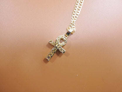 Gold Tone Ankh Cross Pendant: Sterling Silver Cuban Chain