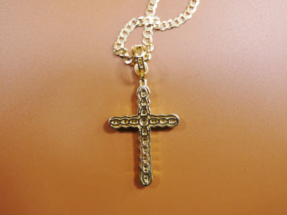 14k Gold Tone Sterling Silver Cross Pendant - 24 Inch Cuban Chain