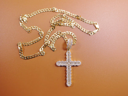 14k Gold Tone Sterling Silver Cross Pendant - 24 Inch Cuban Chain