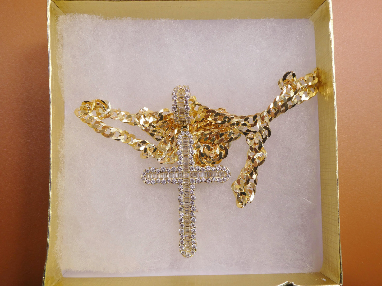 14k Gold Tone Sterling Silver Cross Pendant - 24 Inch Cuban Chain