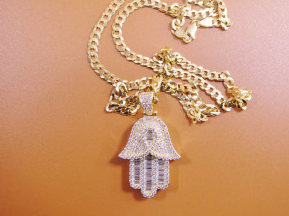 14k Gold Tone Hamsa Evil Eye Pendant: Sterling Silver Cuban Chain
