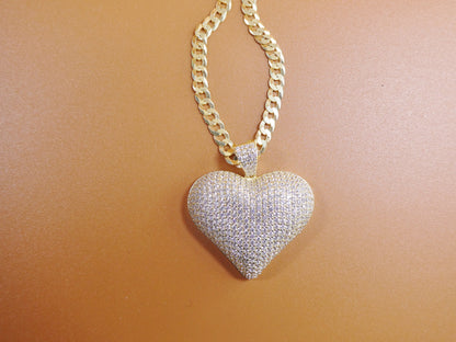 Gold Tone Heart Pendant Necklace: Sterling Silver Cuban Chain