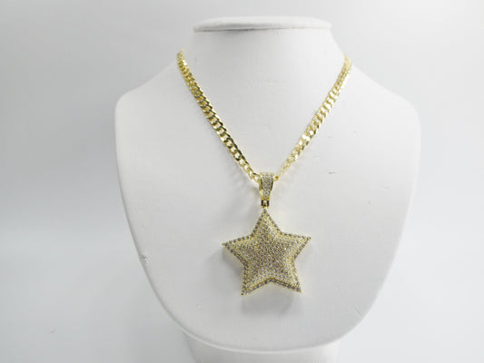 14k Gold Tone Star Pendant Necklace: Sterling Silver Cuban Chain