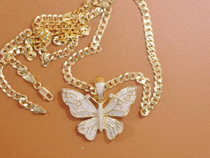 14k Gold Tone Butterfly Pendant: Sterling Silver Cuban Chain