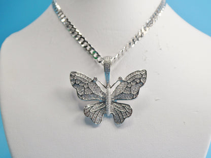 Sterling Silver Butterfly Pendant Necklace: 14k White Gold Tone Cuban Chain