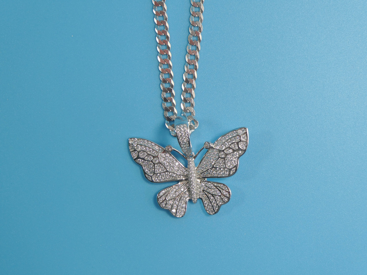 Sterling Silver Butterfly Pendant Necklace: 14k White Gold Tone Cuban Chain