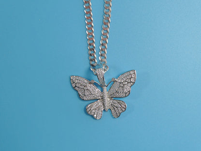 Sterling Silver Butterfly Pendant Necklace: 14k White Gold Tone Cuban Chain
