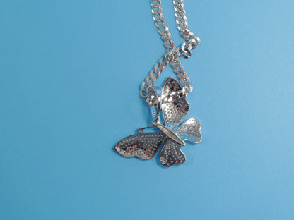Sterling Silver Butterfly Pendant Necklace: 14k White Gold Tone Cuban Chain