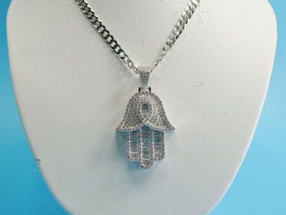 Sterling Silver Hamsa Necklace: 14k White Gold Tone Evil Eye Pendant