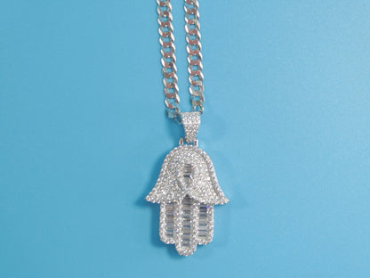 Sterling Silver Hamsa Necklace: 14k White Gold Tone Evil Eye Pendant
