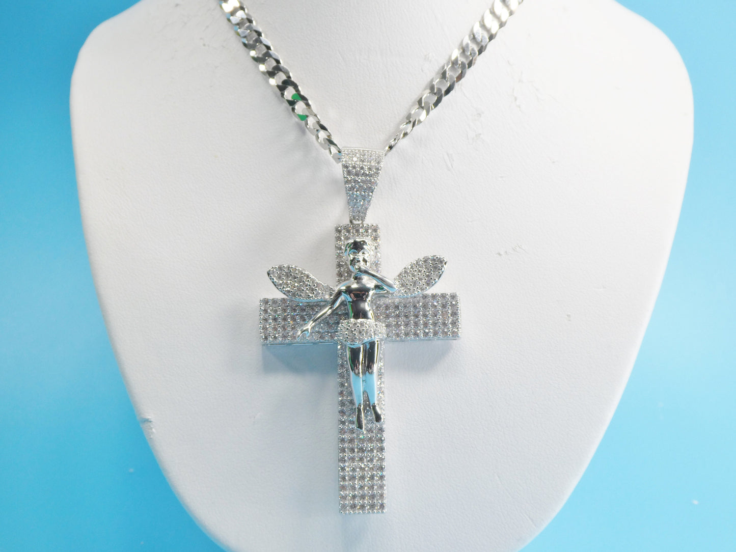 Sterling Silver Angel Cross Pendant: 14k White Gold Tone Cuban Chain