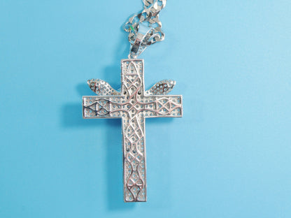 Sterling Silver Angel Cross Pendant: 14k White Gold Tone Cuban Chain