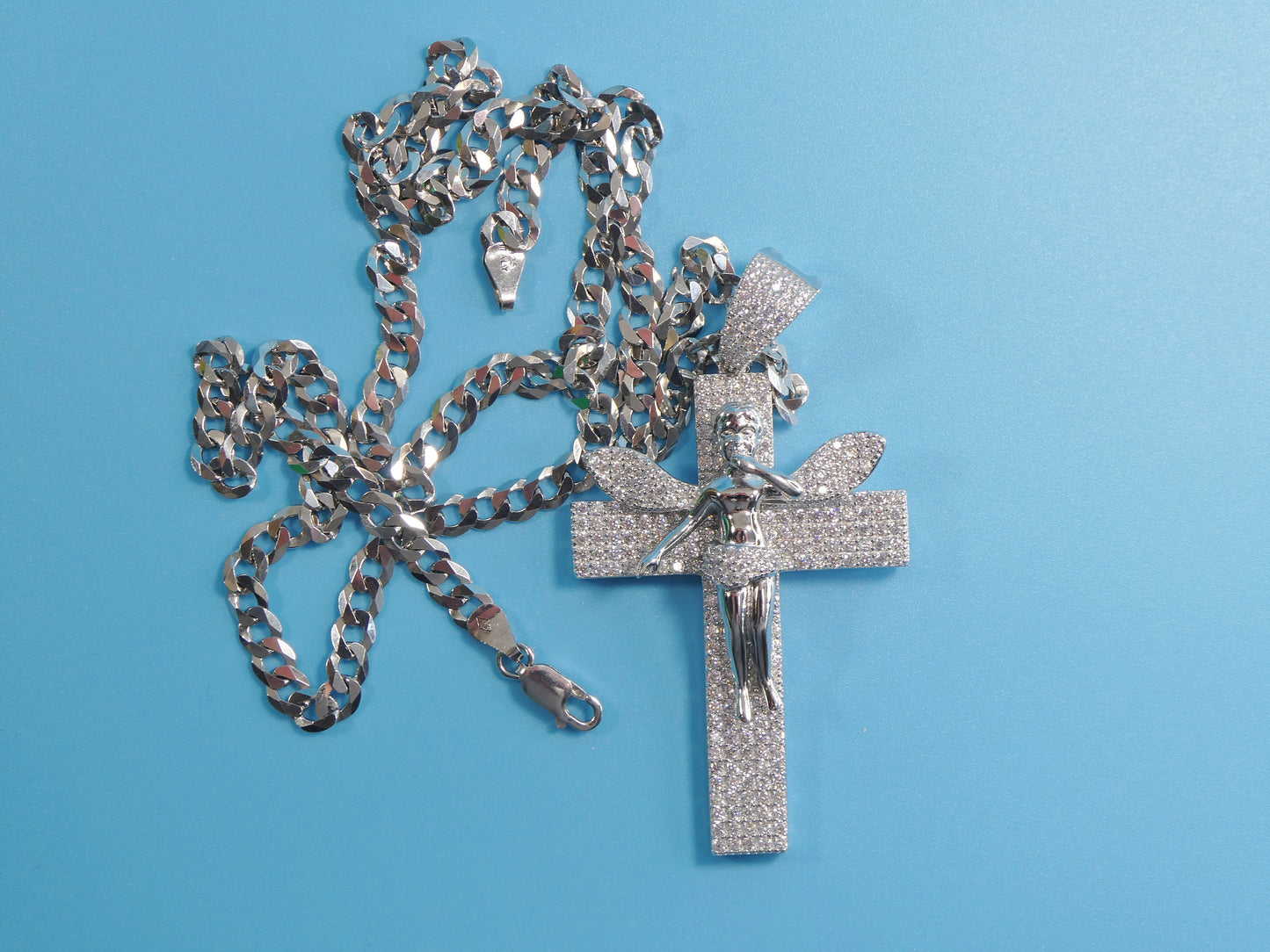 Sterling Silver Angel Cross Pendant: 14k White Gold Tone Cuban Chain